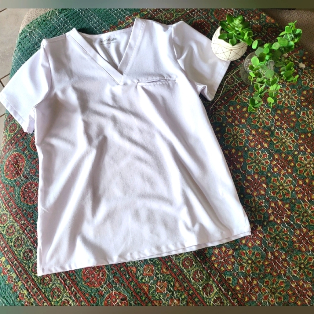 Mandala Women's White V-Neck Medical Scrub Top